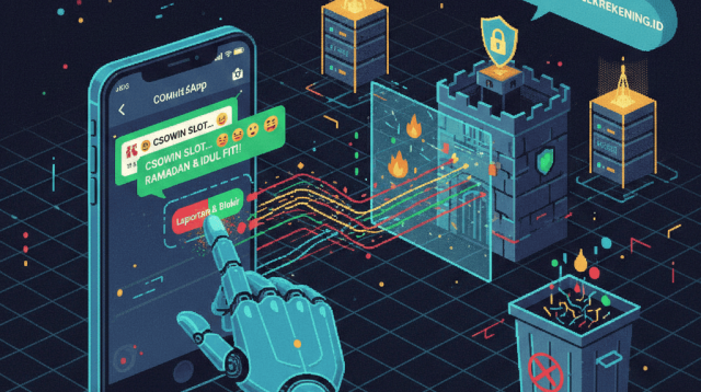 Ilustrasi AI tentang spam WA undangan judol yang masuk ke ponsel pengguna dan mengganggu privasi digital.