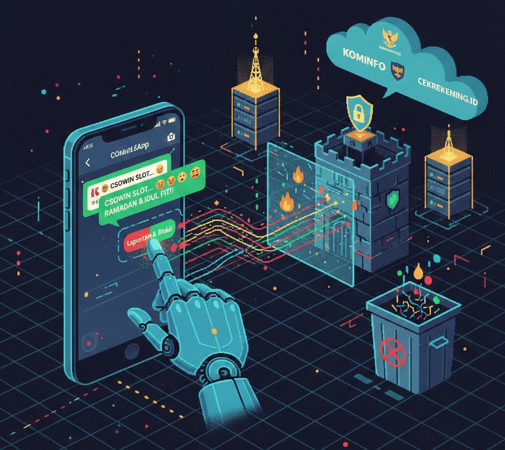 Ilustrasi AI tentang spam WA undangan judol yang masuk ke ponsel pengguna dan mengganggu privasi digital.