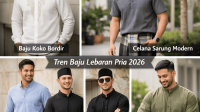 Ilustrasi AI tren baju lebaran pria 2026 dengan baju koko bordir putih, celana sarung modern, kemeja pastel dan chino, kurta longgar olive, serta outfit all-black pria elegan.