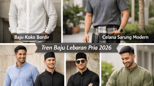 Ilustrasi AI tren baju lebaran pria 2026 dengan baju koko bordir putih, celana sarung modern, kemeja pastel dan chino, kurta longgar olive, serta outfit all-black pria elegan.
