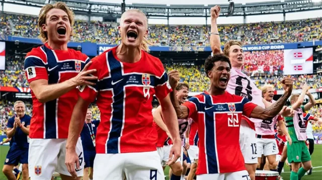 Fakta Menarik Norwegia: Erling Haaland merayakan kemenangan Norwegia atas Brasil pada babak 16 besar Piala Dunia 2026 dengan latar bendera nasional Norwegia.
